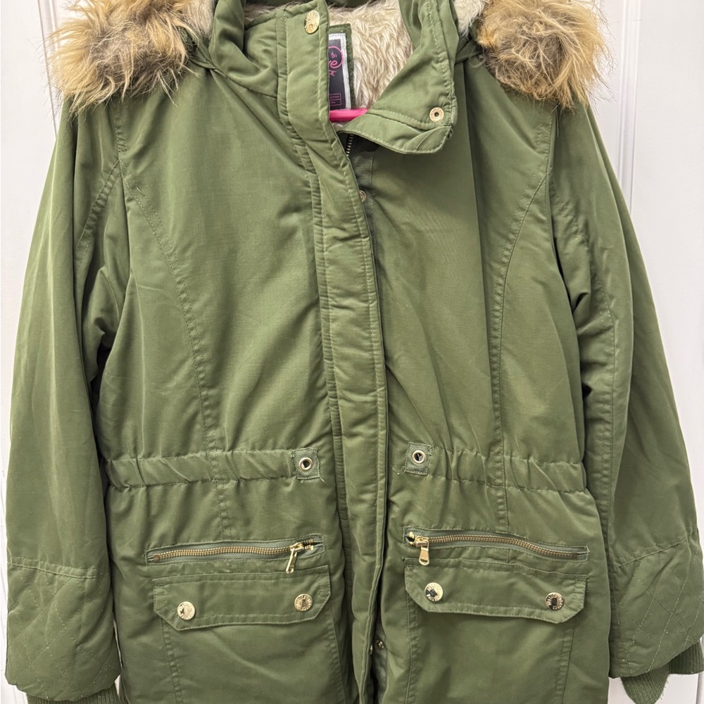 Justice Olive Green Coat with Faux Fur